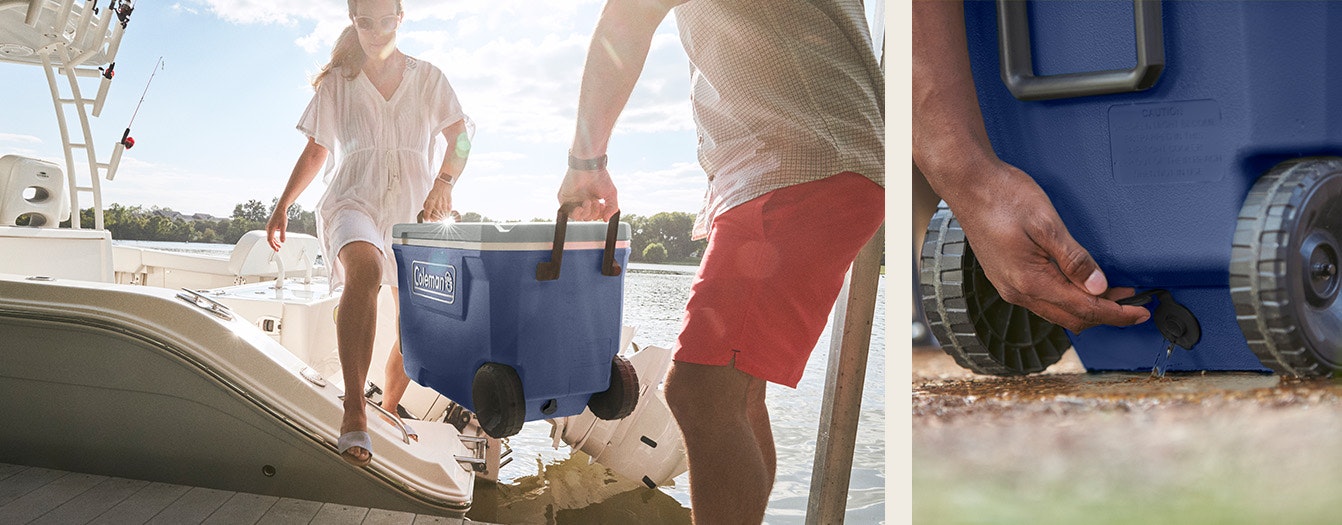 Coleman Coolers Two people carrying a cooler from a boat to a dock
