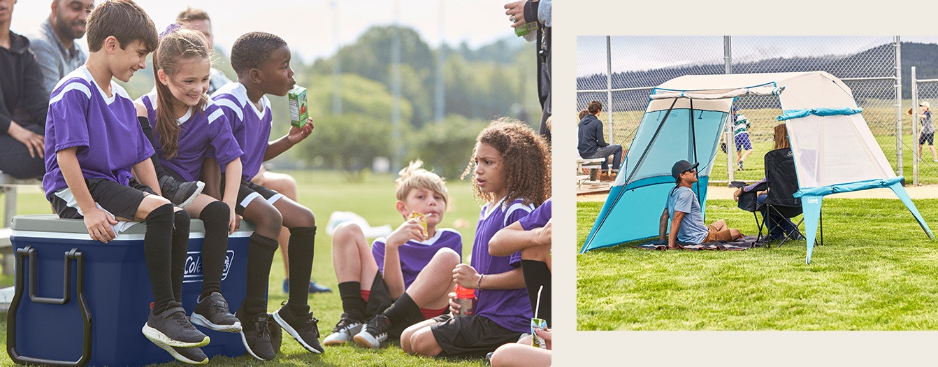 kids sitting on a Coleman Cooler and parents watching a sports game