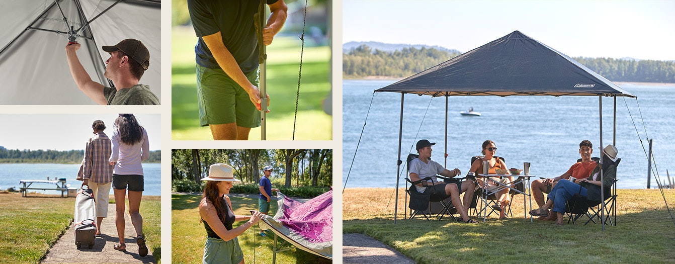 Coleman Beach Canopies images of people setting up a canopy and sitting uder it by the water
